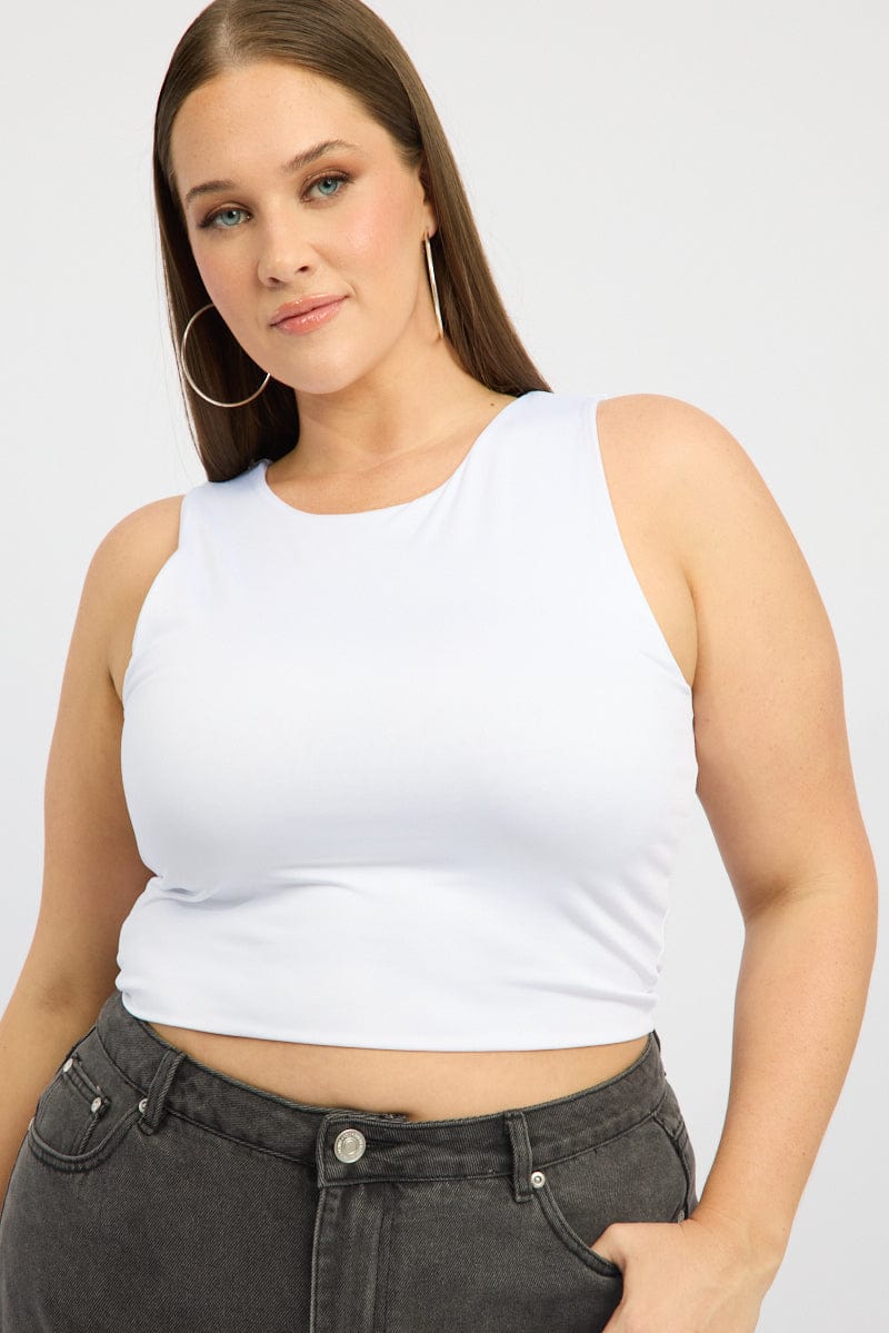 Plus Size White Tank Top Crew Neck Sleeveless Cotton Crop You