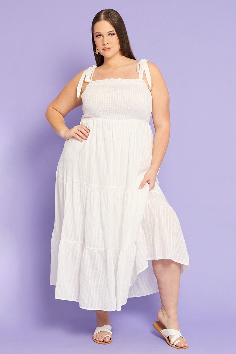 white shirred midi dress White Shirred Midi Dress Sleeveless Textured