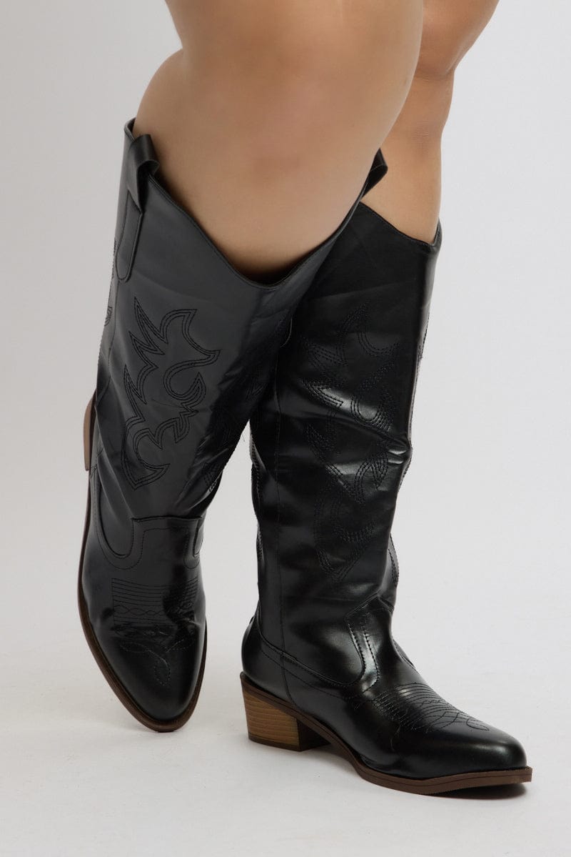 Black Wide Fit Embroidered Cowboy Boots You All