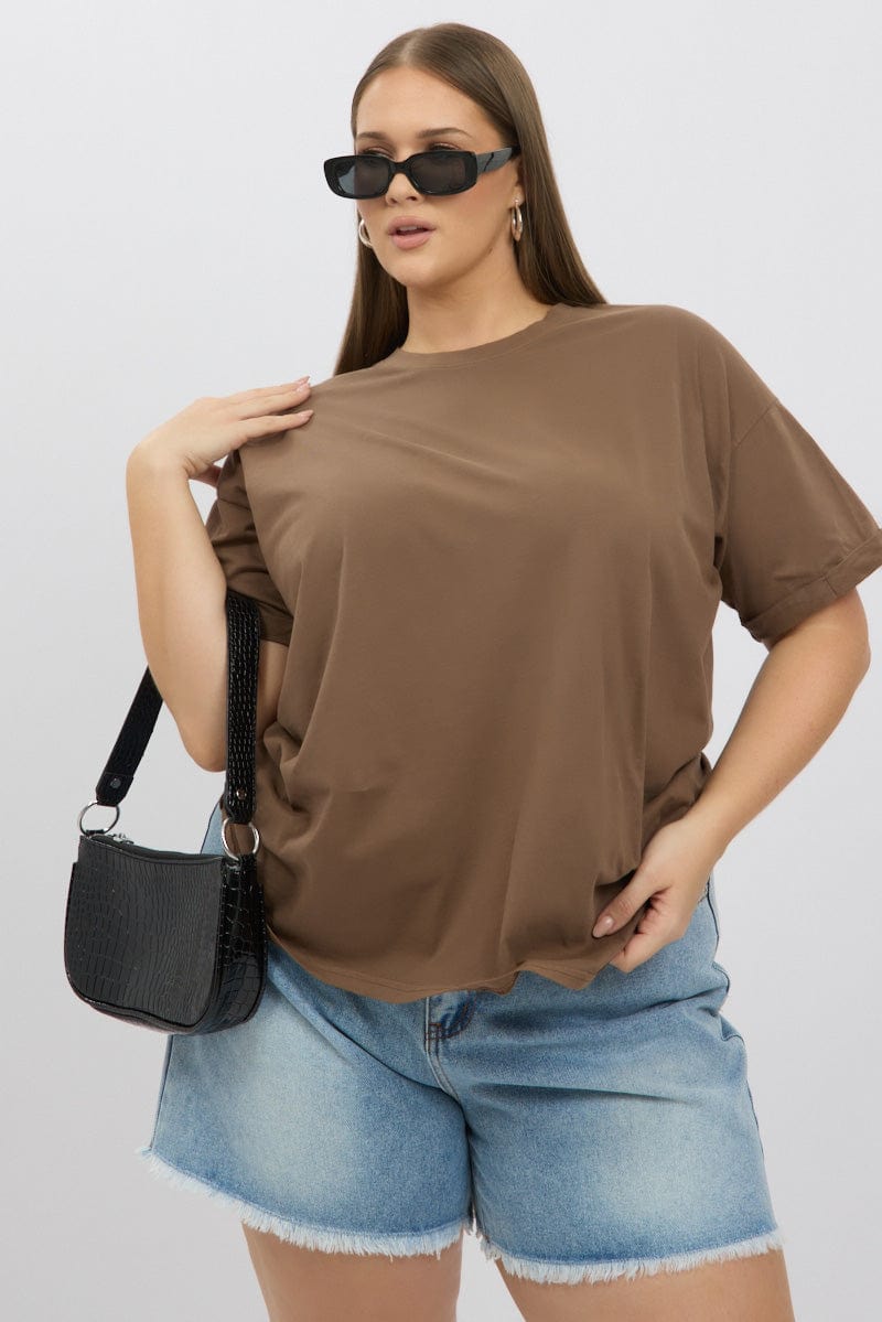 Brown Oversize T Shirt Short Sleeve Crew Neck Washed You All