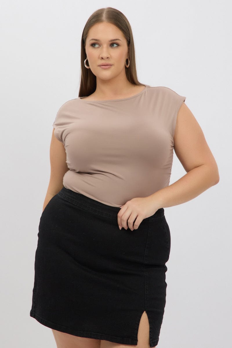 Brown Short Sleeve Top Side Ruched Modal for YouandAll Fashion