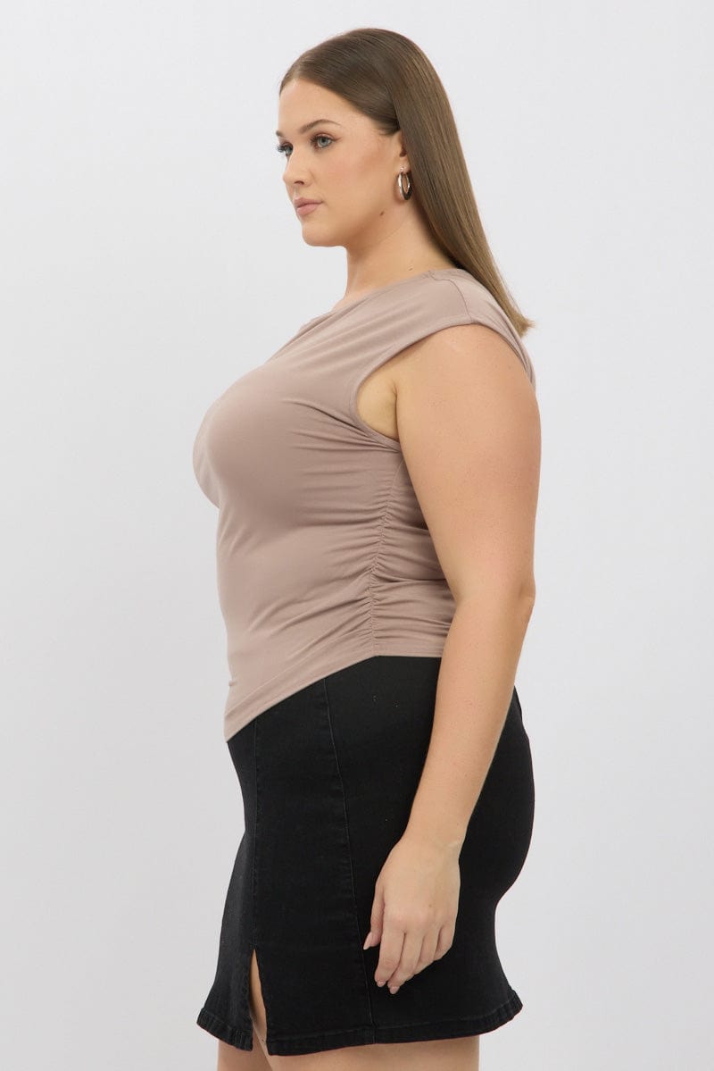 Brown Short Sleeve Top Side Ruched Modal for YouandAll Fashion