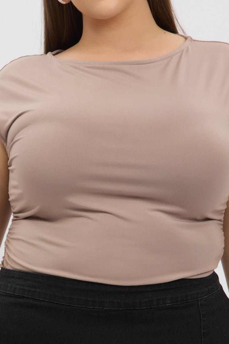 Brown Short Sleeve Top Side Ruched Modal for YouandAll Fashion