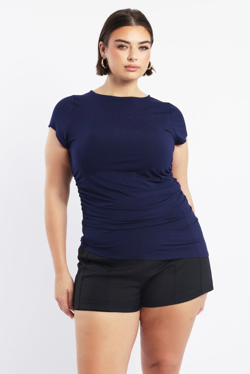Blue Top Short Sleeve Asymmertic Hem for YouandAll Fashion