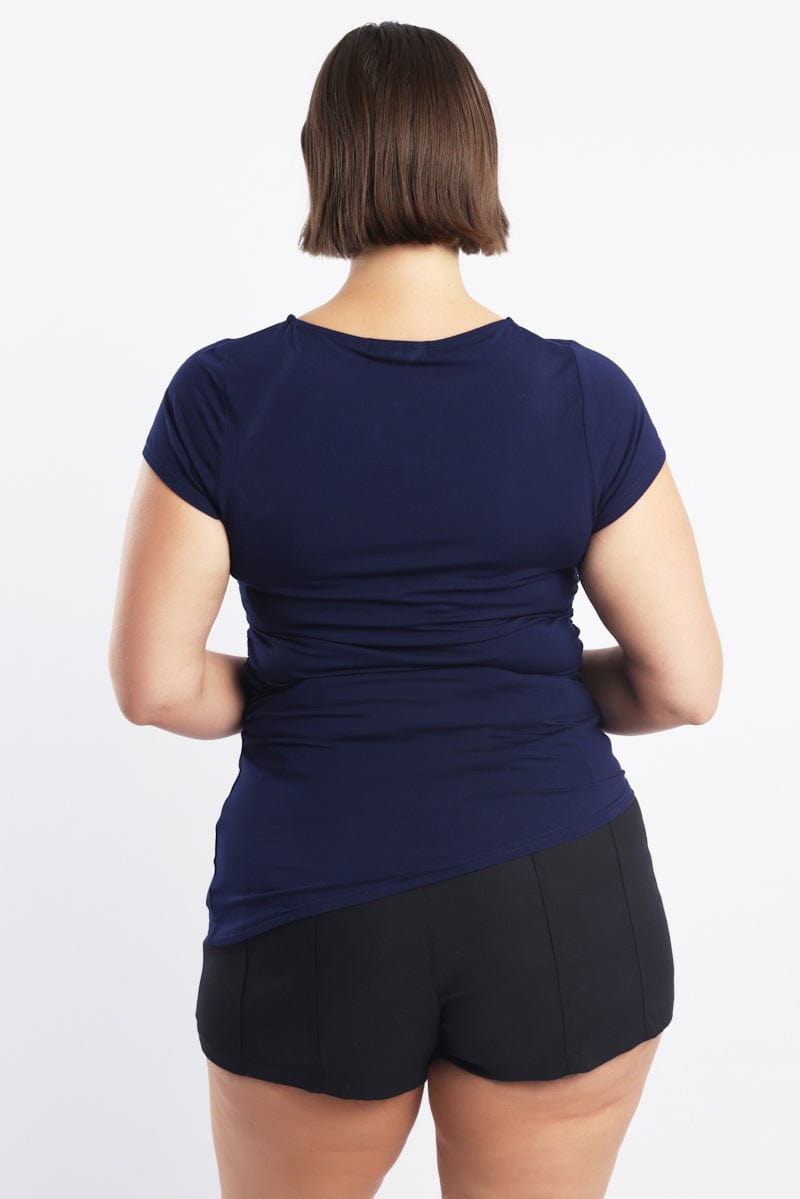 Blue Top Short Sleeve Asymmertic Hem for YouandAll Fashion