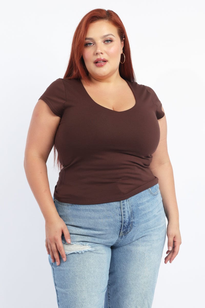 Brown T Shirt Short Sleeve V Neck for YouandAll Fashion