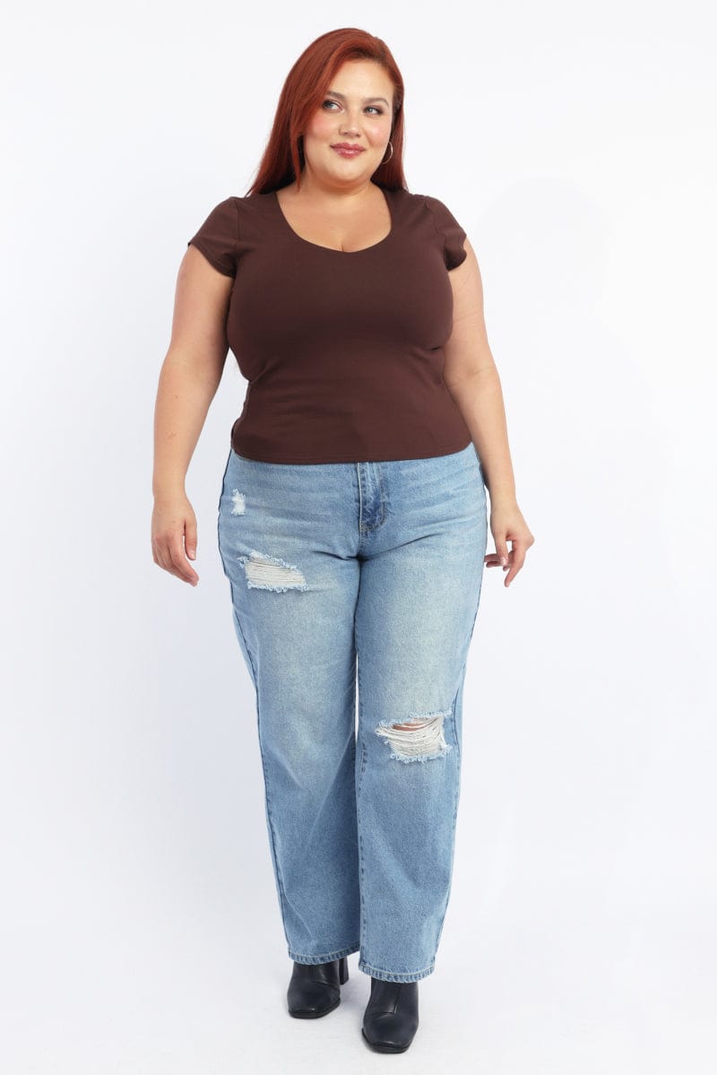 Brown T Shirt Short Sleeve V Neck for YouandAll Fashion