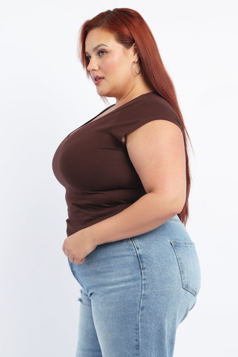 Brown T Shirt Short Sleeve V Neck for YouandAll Fashion