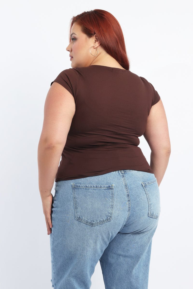 Brown T Shirt Short Sleeve V Neck for YouandAll Fashion