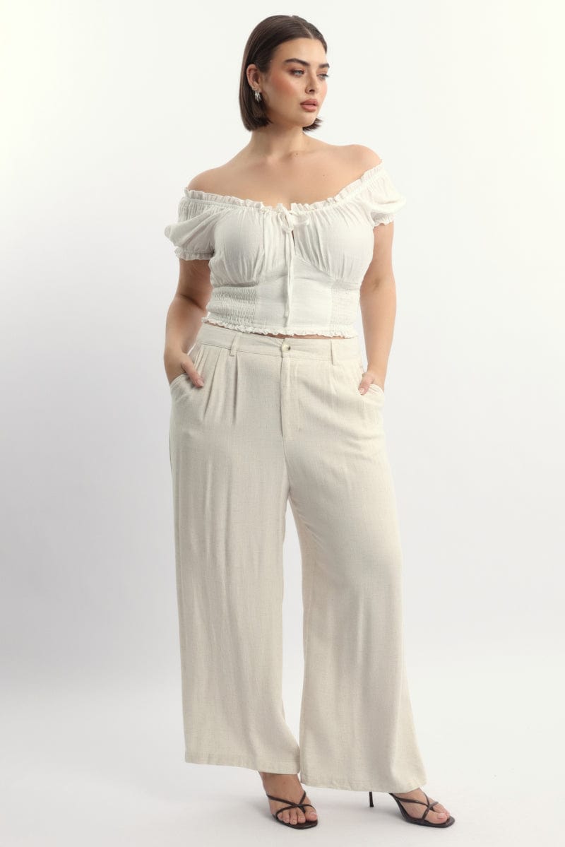 Beige Linen Blend Tailored Wide Leg Pants for YouandAll Fashion