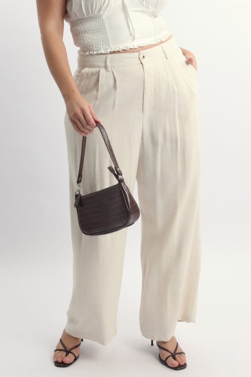 Beige Linen Blend Tailored Wide Leg Pants for YouandAll Fashion