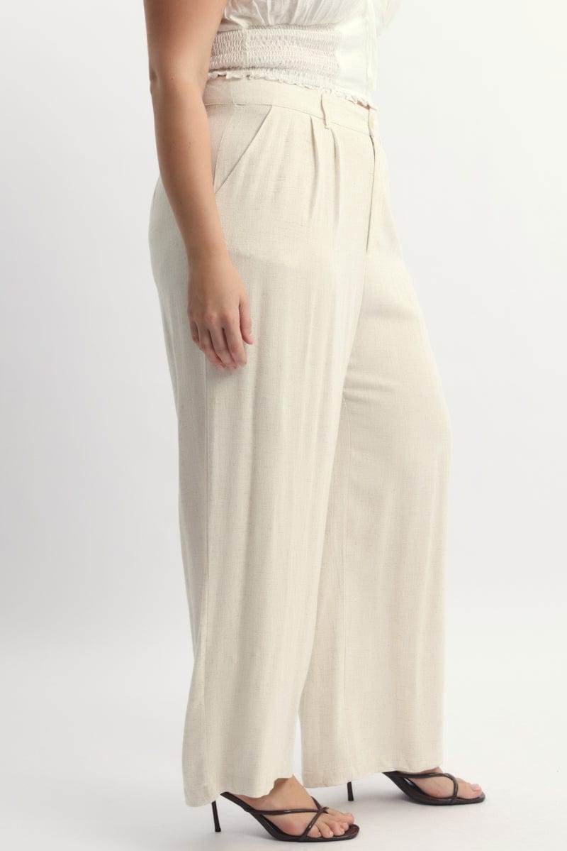 Beige Linen Blend Tailored Wide Leg Pants for YouandAll Fashion