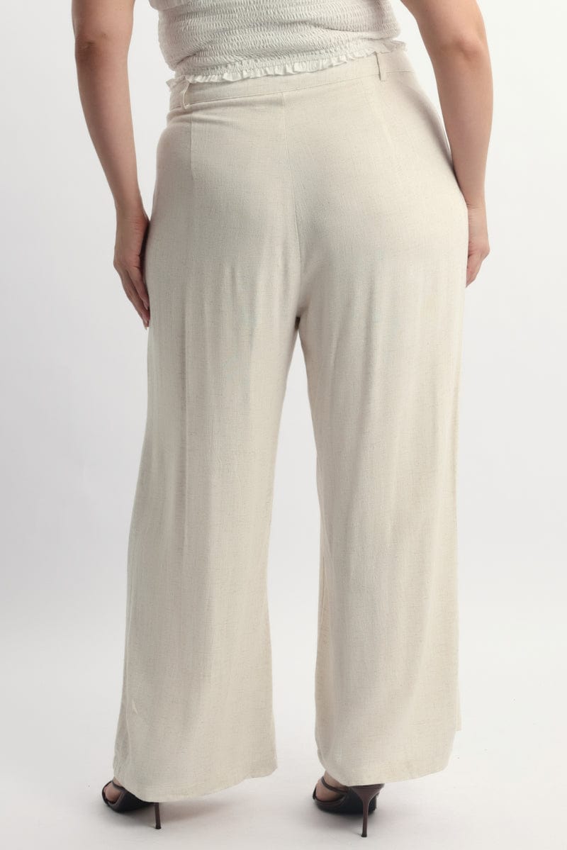Beige Linen Blend Tailored Wide Leg Pants for YouandAll Fashion