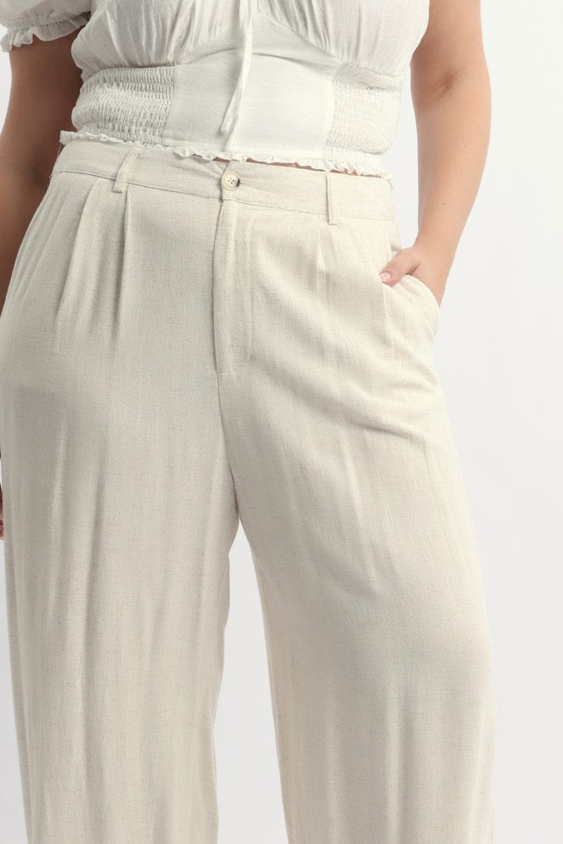 Beige Linen Blend Tailored Wide Leg Pants for YouandAll Fashion