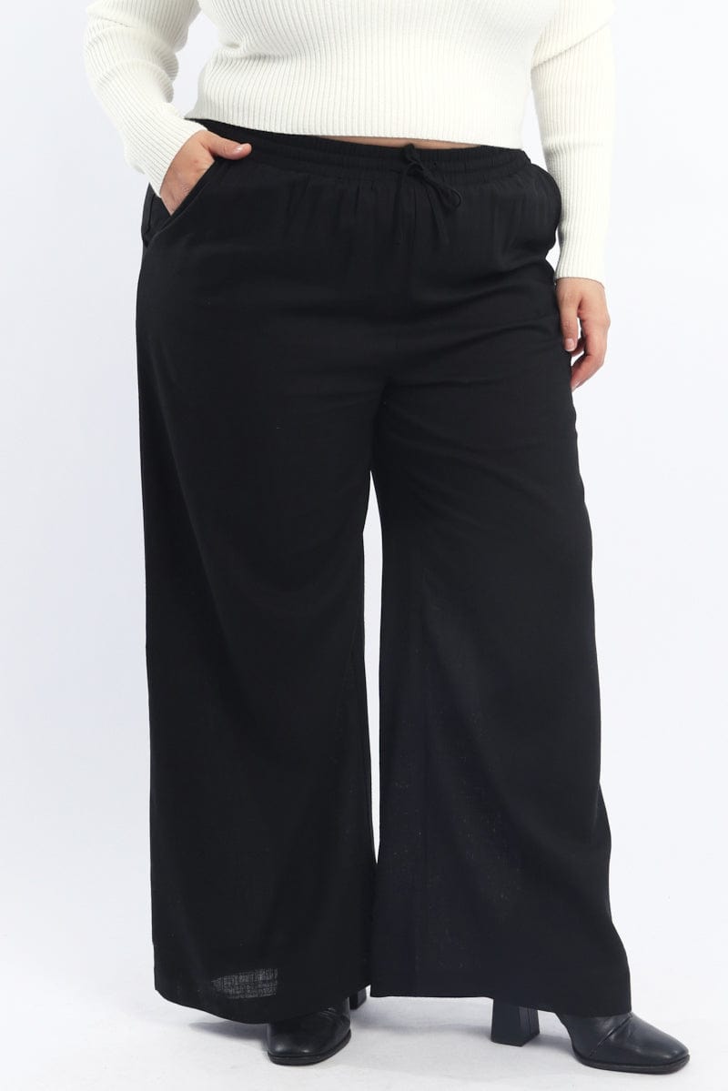 Black Back Pocket Linen Blend Wide Leg Pants for YouandAll Fashion