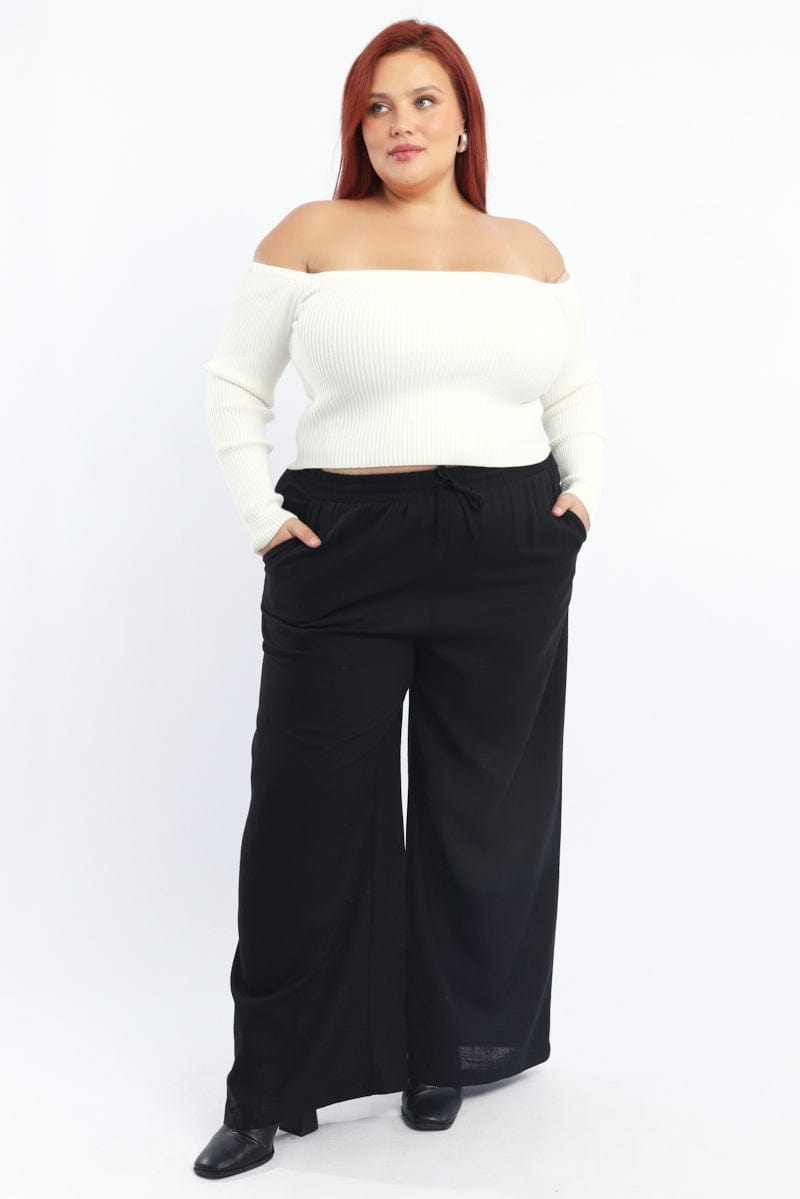 Black Back Pocket Linen Blend Wide Leg Pants for YouandAll Fashion