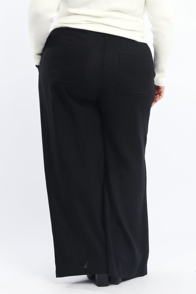 Black Back Pocket Linen Blend Wide Leg Pants for YouandAll Fashion
