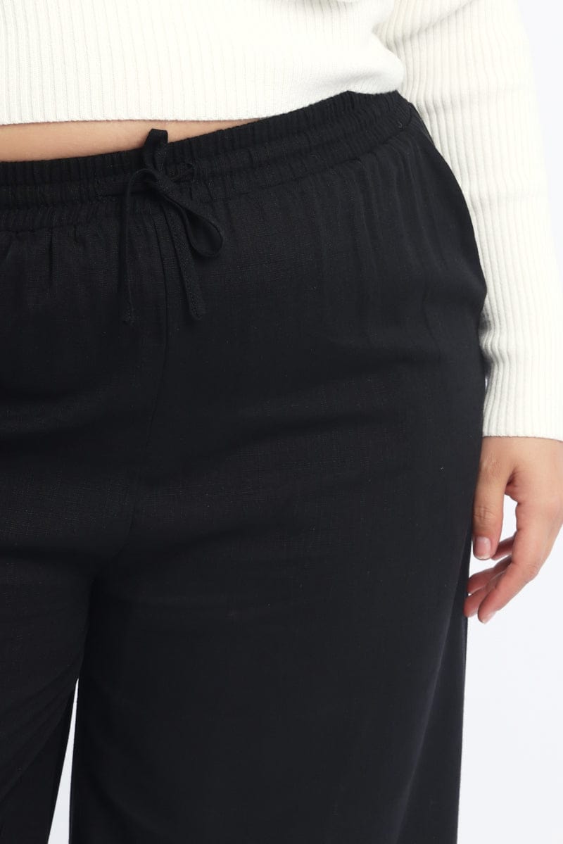 Black Back Pocket Linen Blend Wide Leg Pants for YouandAll Fashion