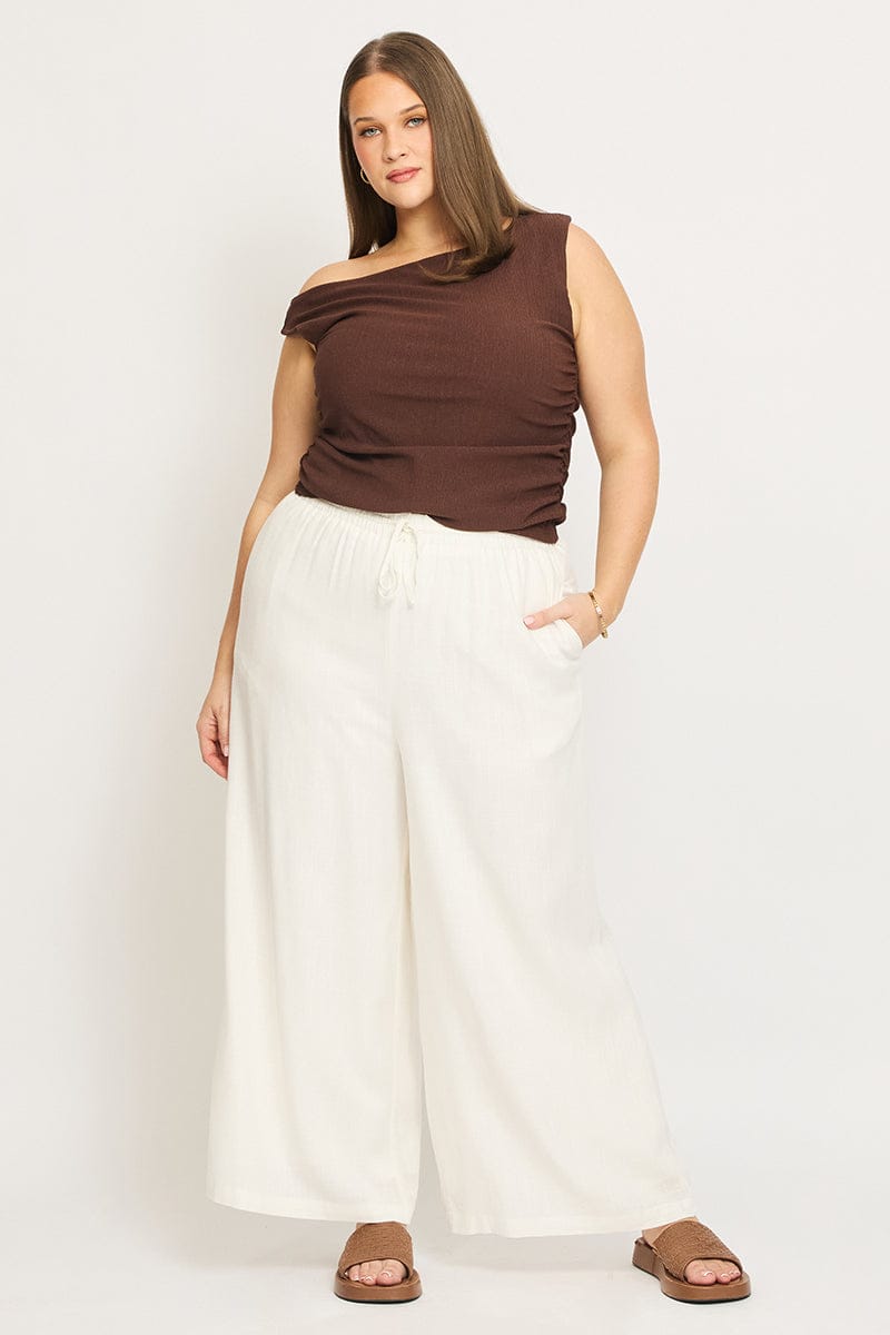 White Elastic Waist Wide Leg Linen Viscose Pants You All