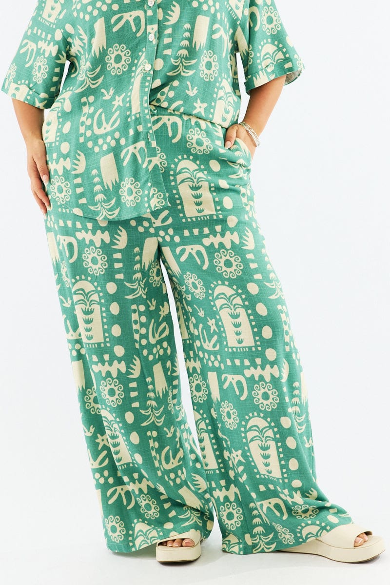 Green Abstract Wide Leg Linen Blend Drawstring Pants for YouandAll Fashion