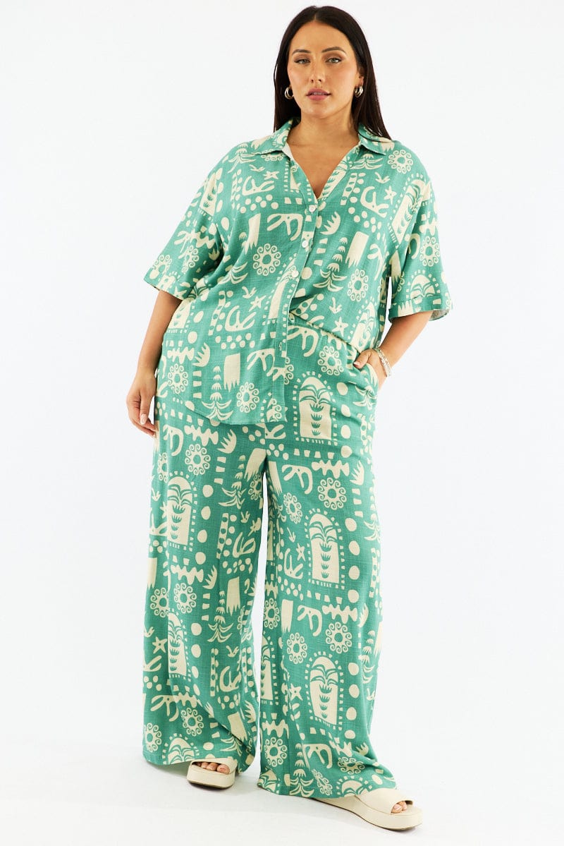 Green Abstract Wide Leg Linen Blend Drawstring Pants for YouandAll Fashion