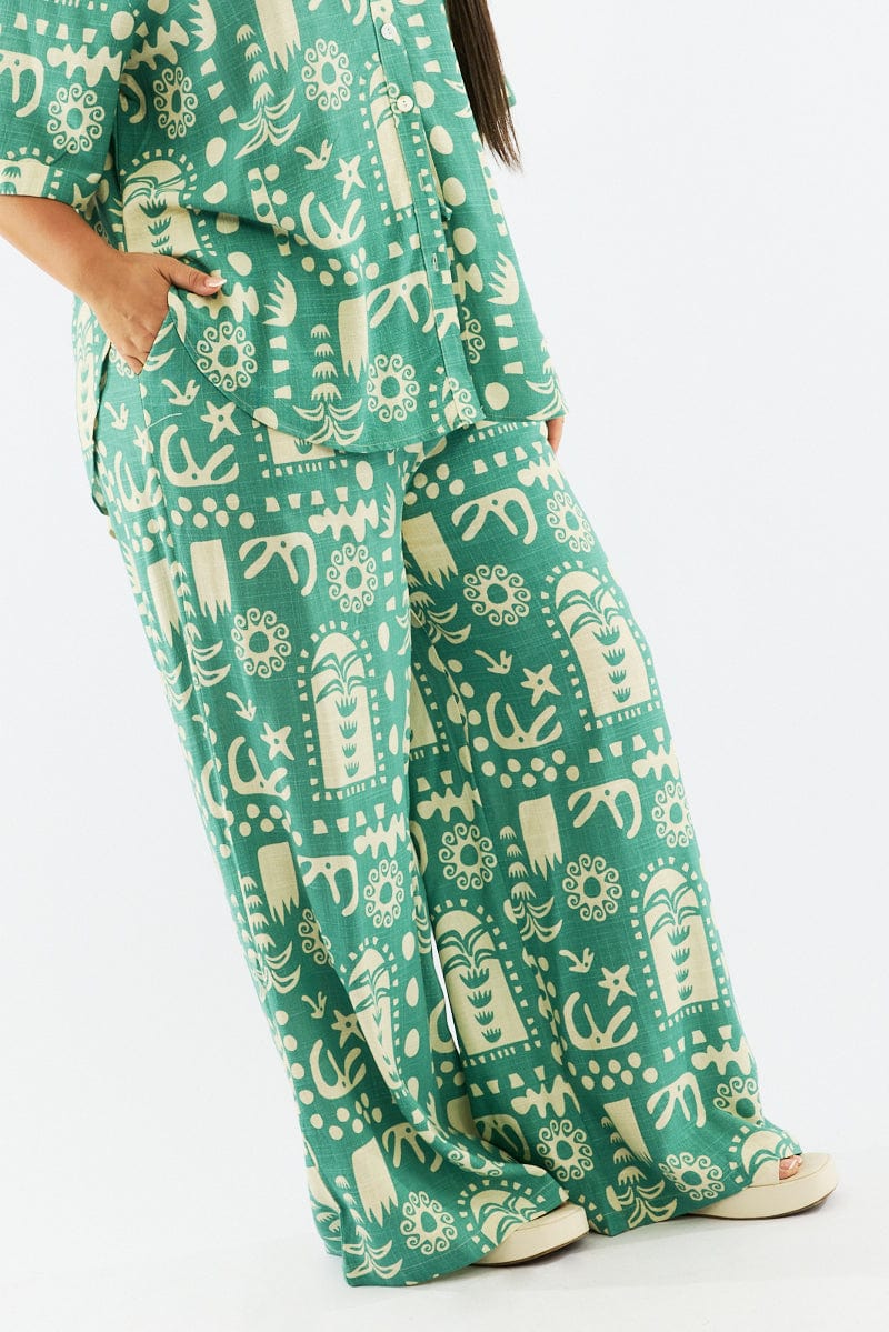 Green Abstract Wide Leg Linen Blend Drawstring Pants for YouandAll Fashion