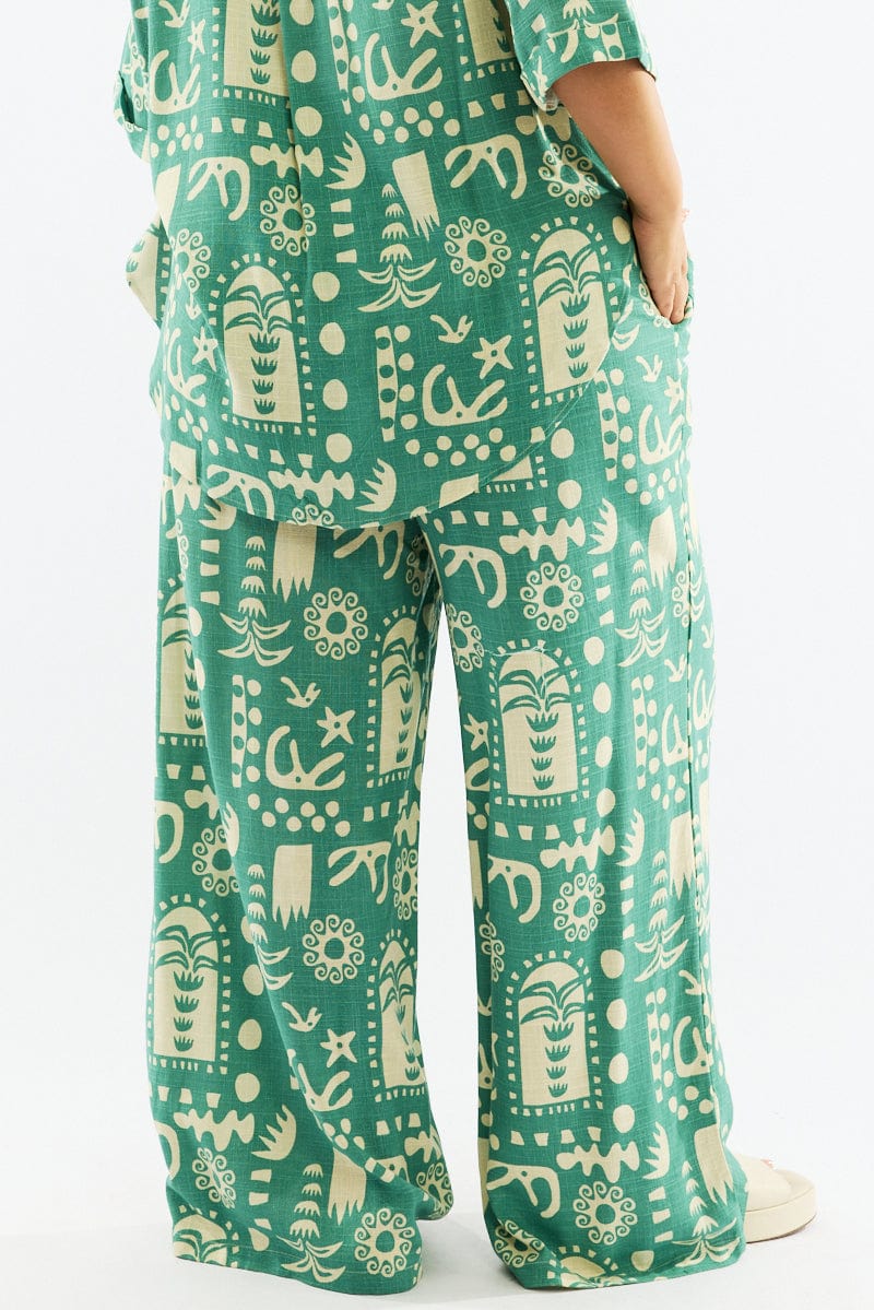 Green Abstract Wide Leg Linen Blend Drawstring Pants for YouandAll Fashion