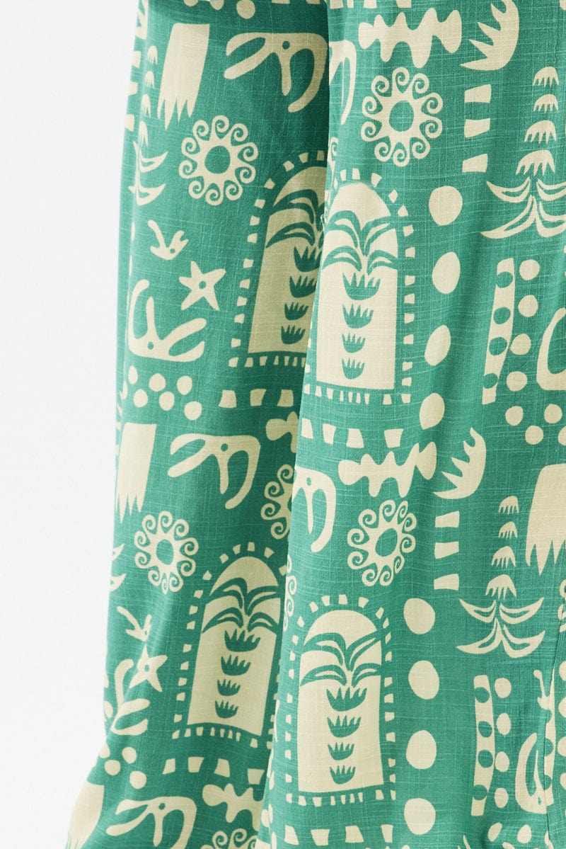 Green Abstract Wide Leg Linen Blend Drawstring Pants for YouandAll Fashion