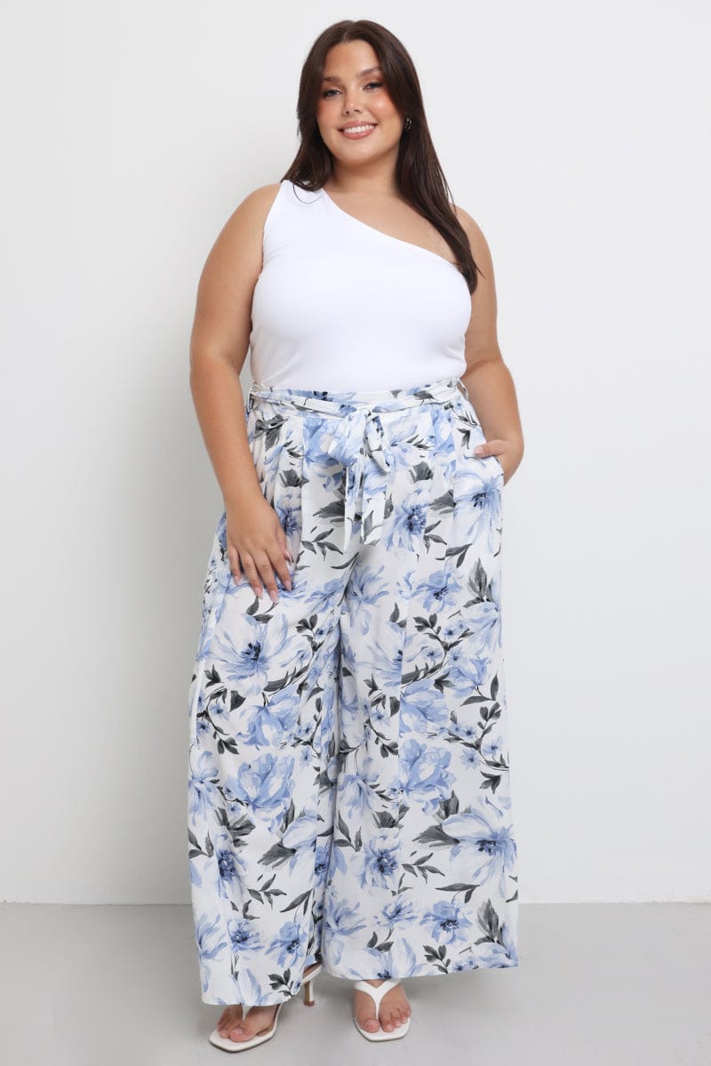 Blue Floral Wide Leg Pants Belted for YouandAll Fashion