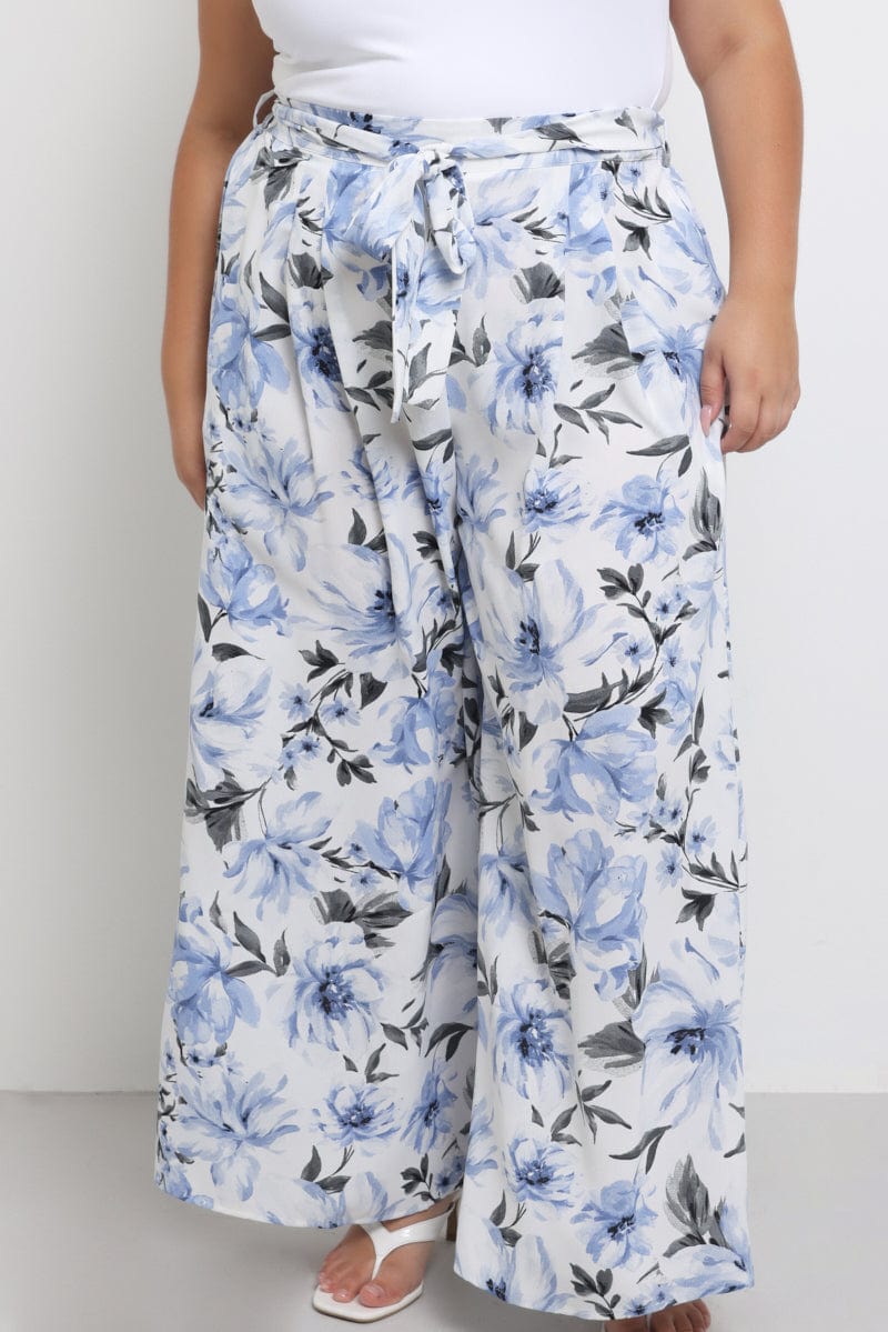 Blue Floral Wide Leg Pants Belted for YouandAll Fashion