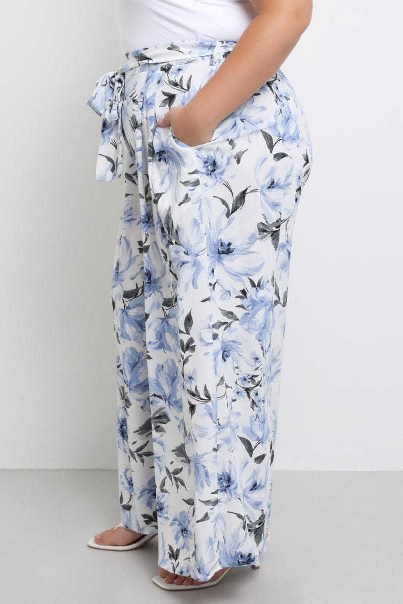 Blue Floral Wide Leg Pants Belted for YouandAll Fashion
