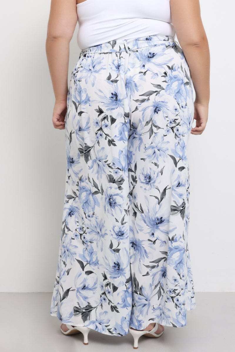 Blue Floral Wide Leg Pants Belted for YouandAll Fashion