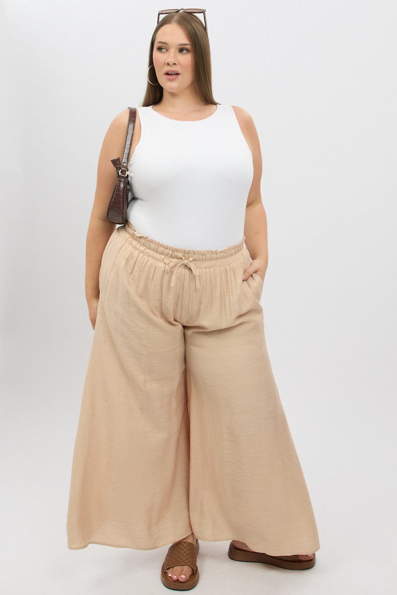 Beige Paperbag Waist Very Wide Leg Pants for YouandAll Fashion