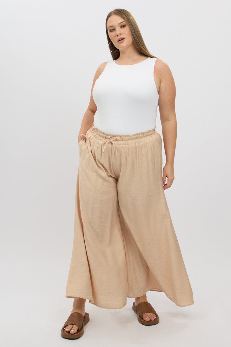 Beige Paperbag Waist Very Wide Leg Pants for YouandAll Fashion