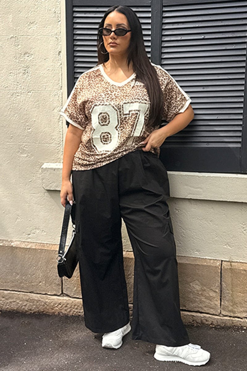 Black Elastic Waist Wide Leg Cotton Blend Cargo Pants You All