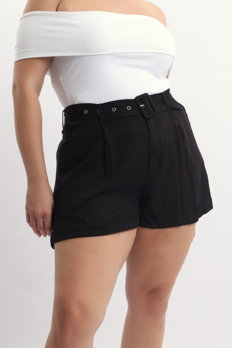 Black Belted Linen Blend Shorts for YouandAll Fashion