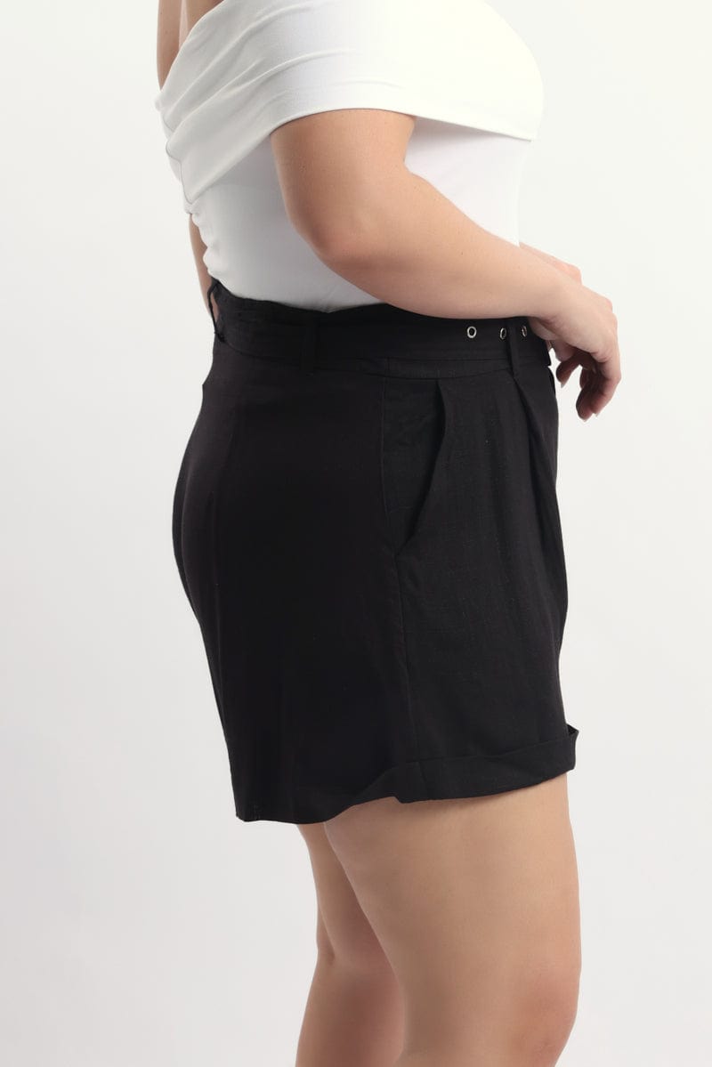 Black Belted Linen Blend Shorts for YouandAll Fashion