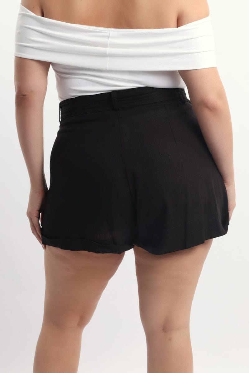Black Belted Linen Blend Shorts for YouandAll Fashion