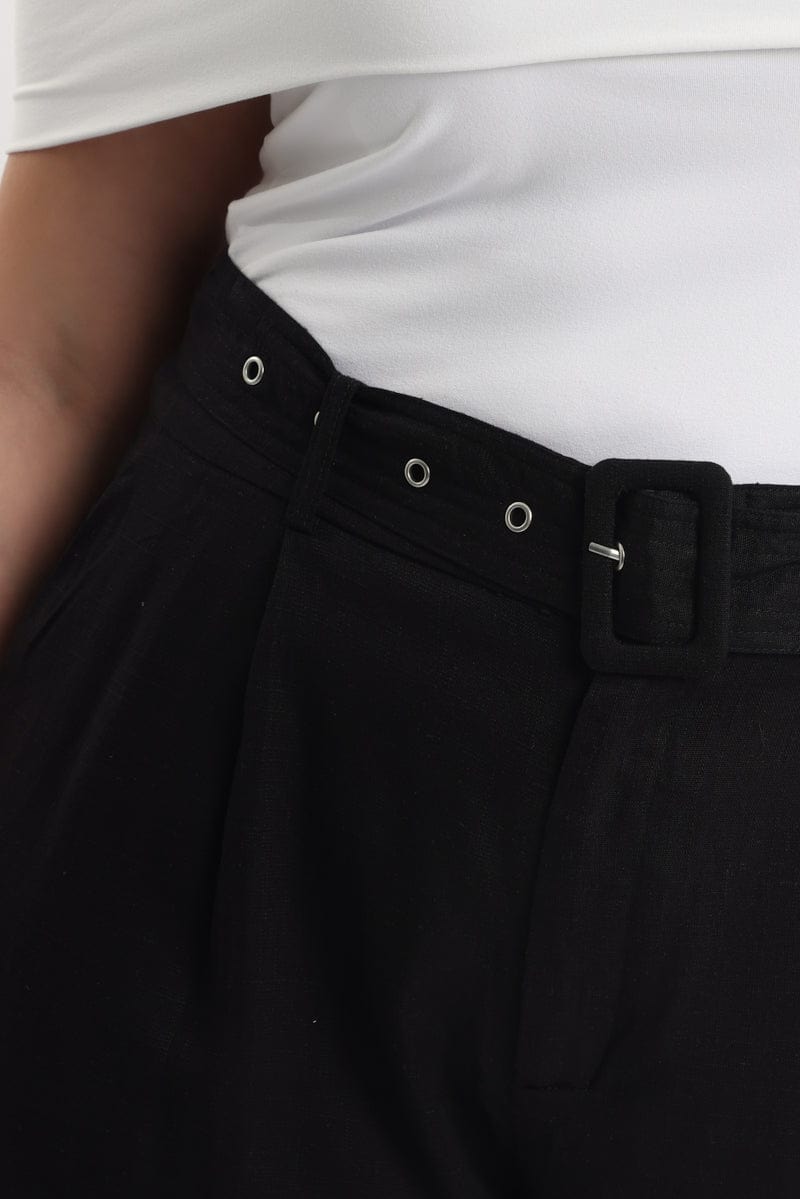 Black Belted Linen Blend Shorts for YouandAll Fashion