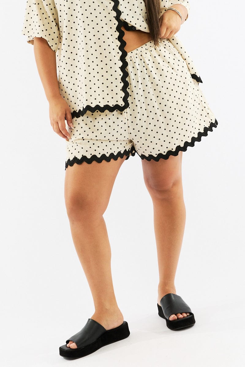 Beige Polka Dot Elastic Waist Linen Blend Ric Rac Trim Shorts for YouandAll Fashion