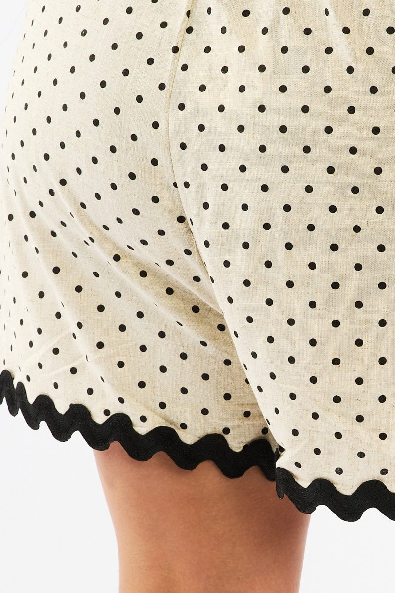 Beige Polka Dot Elastic Waist Linen Blend Ric Rac Trim Shorts for YouandAll Fashion