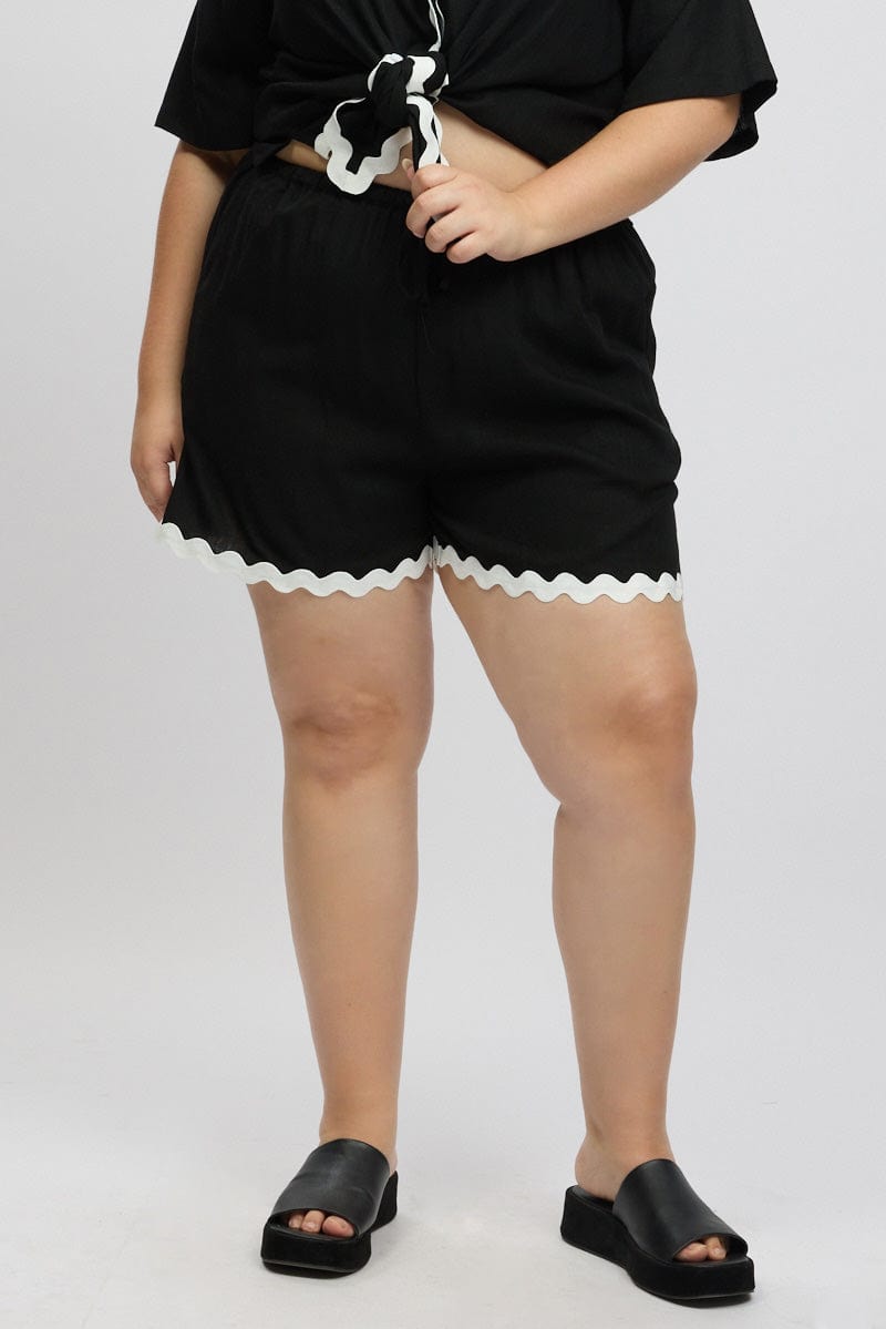 Black Ric Rac Trim Linen Blend Shorts for YouandAll Fashion