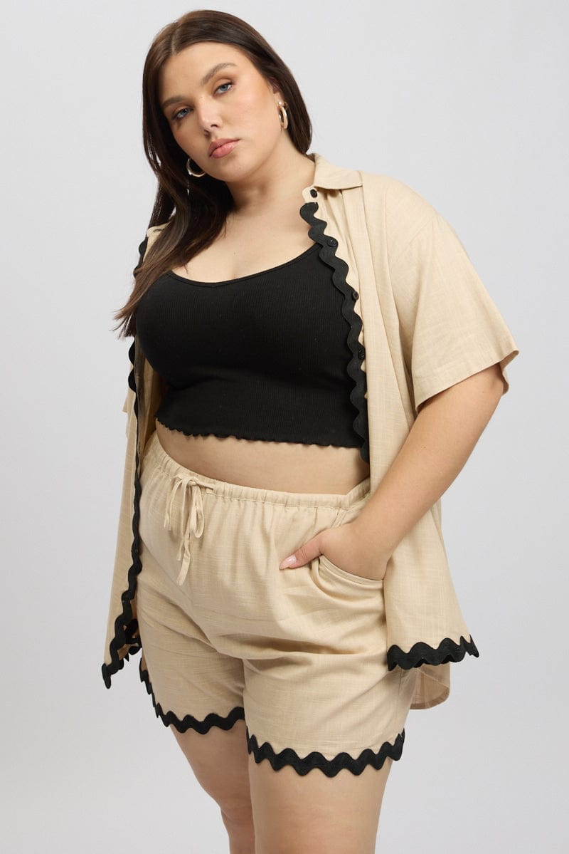 Beige Ric Rac Trim Linen Blend Shorts for YouandAll Fashion