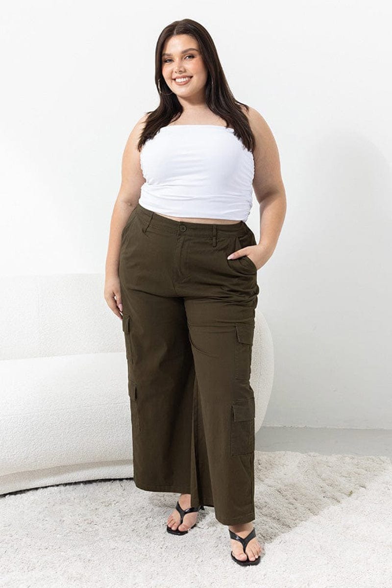 Green Cotton Blend Elastic Waist Wide Leg Cargo Pants You All