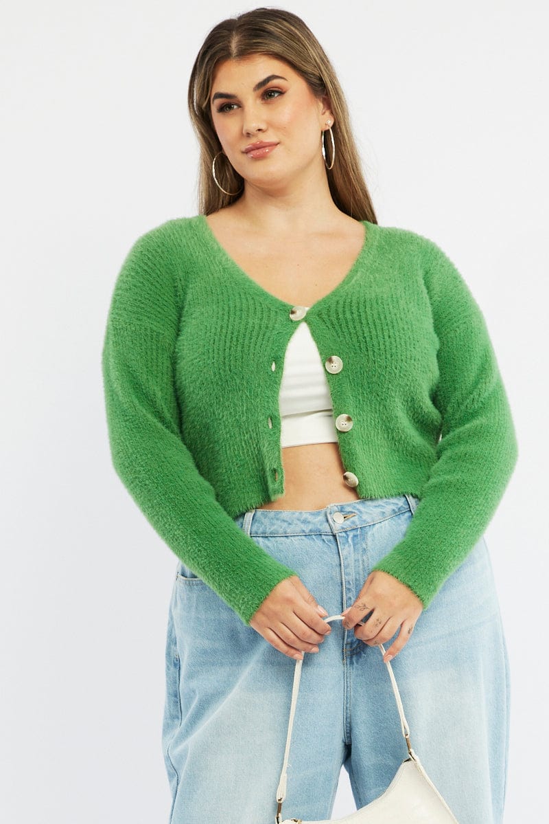Plus Size Green Cardigan Long Sleeve Fluffy Semi Crop Knit You