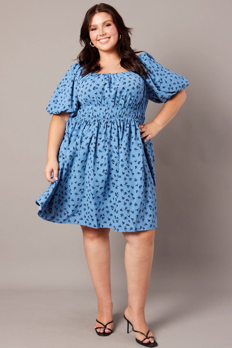 Blue Ditsy Puff Skater Dress You All