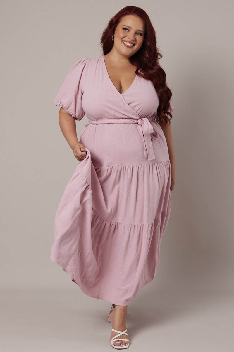 Pink Puff Sleeve Faux Wrap Linen Blend Dress You All