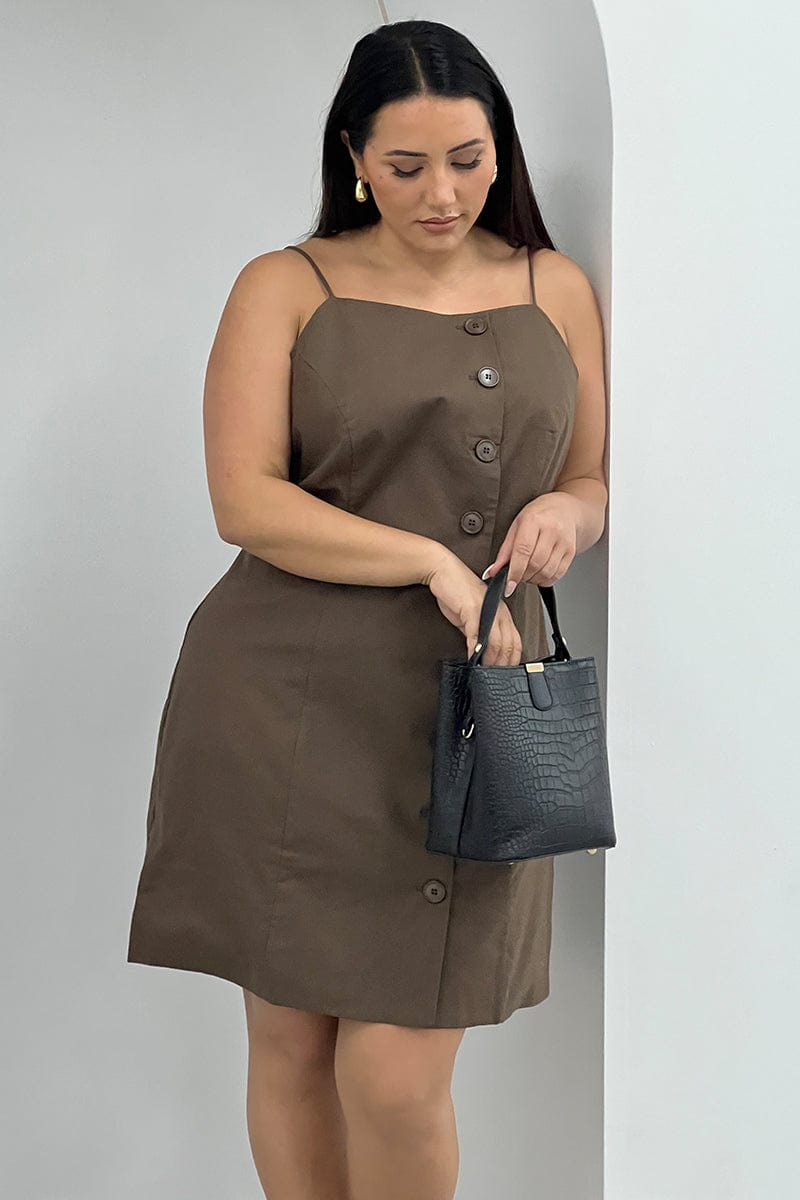 Brown Button Through Linen Cotton Fitted Minidress | You & All Brown Button Through Linen Cotton Fitted Minidress | You & All