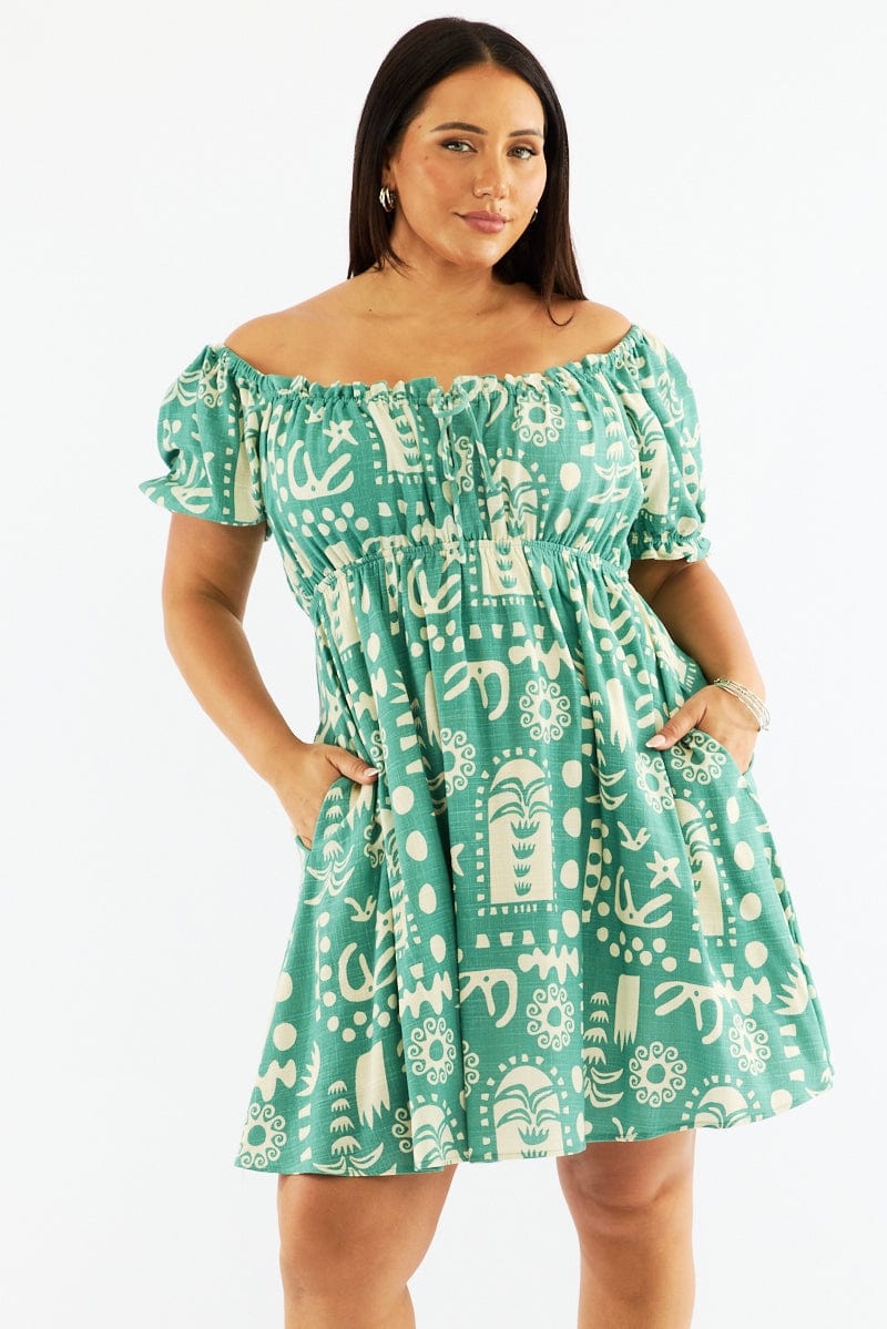 Green Abstract Tie Front Linen Blend Minidress With Pockets for YouandAll Fashion