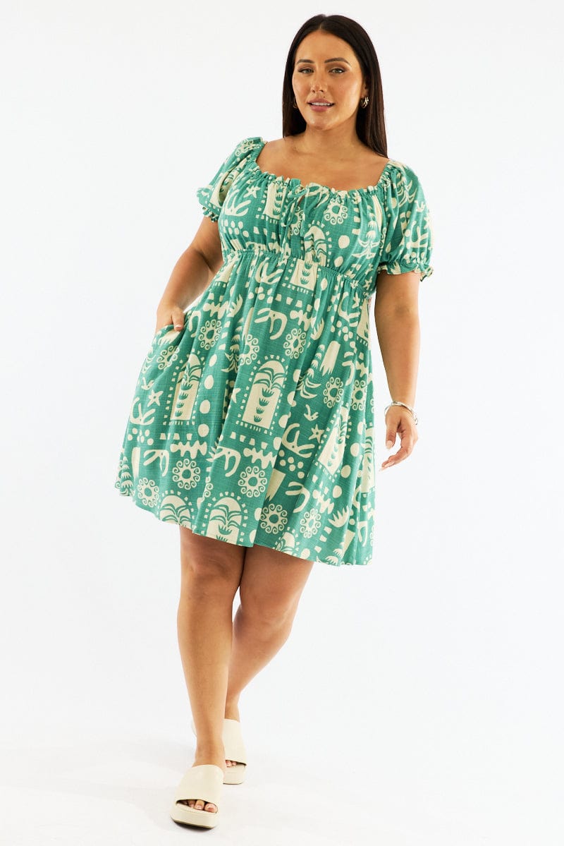 Green Abstract Tie Front Linen Blend Minidress With Pockets for YouandAll Fashion